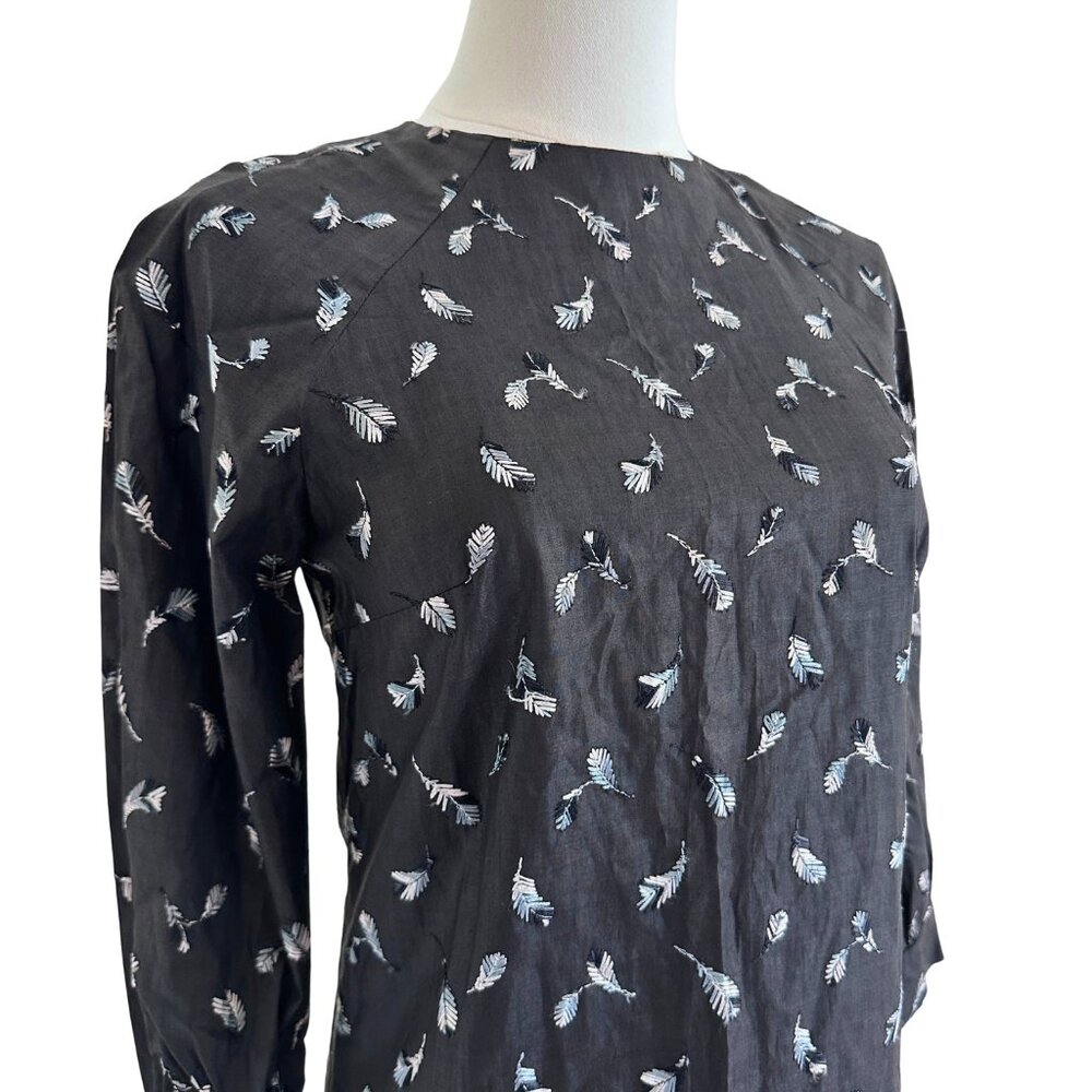 Vintage Embroidered Sheath Midi Dress – Feather Motif,‎ Long Sleeve